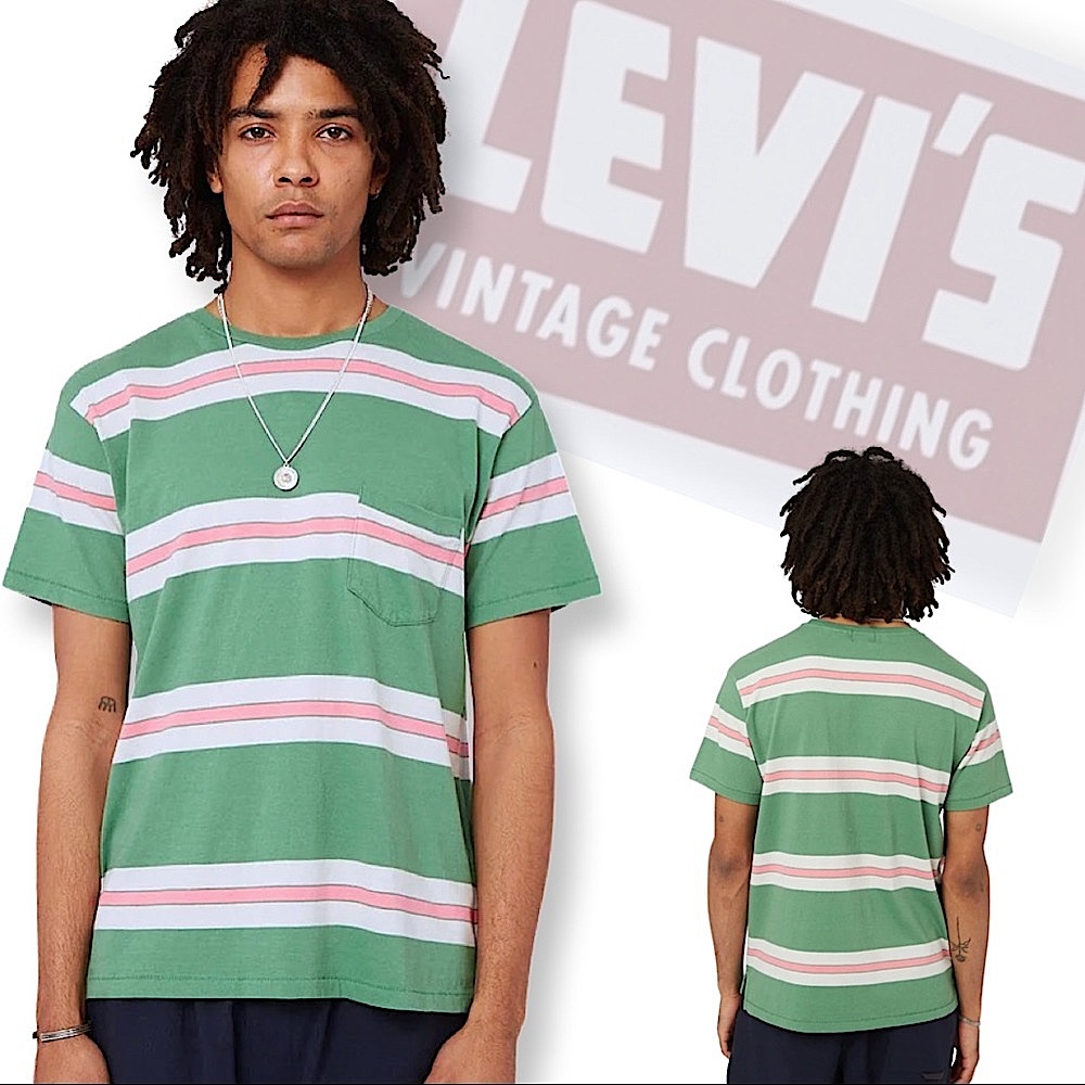 Levi’s Vintage Clothing 1940’s Split Hem Striped T-Shirt Pink/Green - Picture 3 of 16